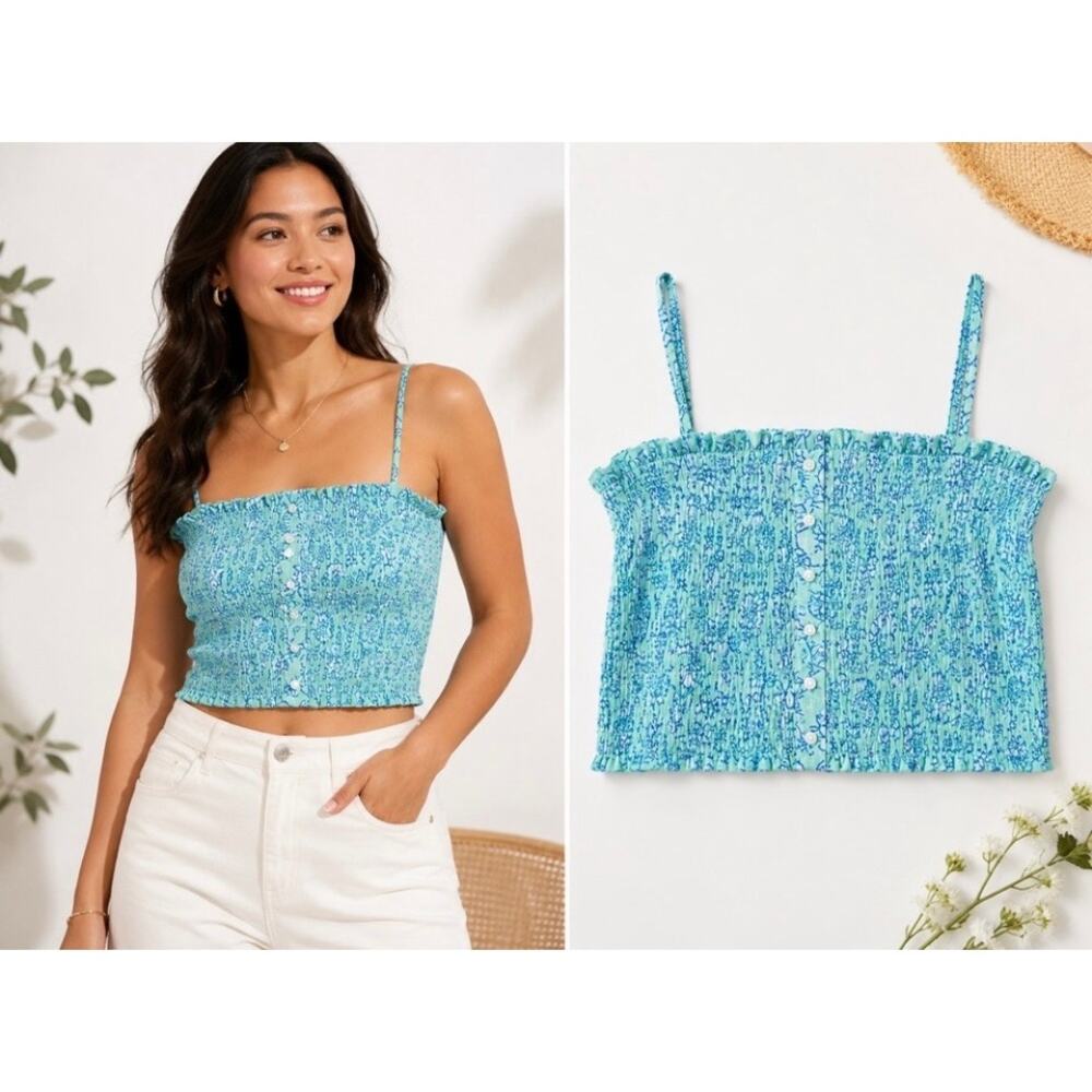 NWT Roller Rabbit x Target Women’s Aqua Floral Geometric Smocked Cropped Top XL